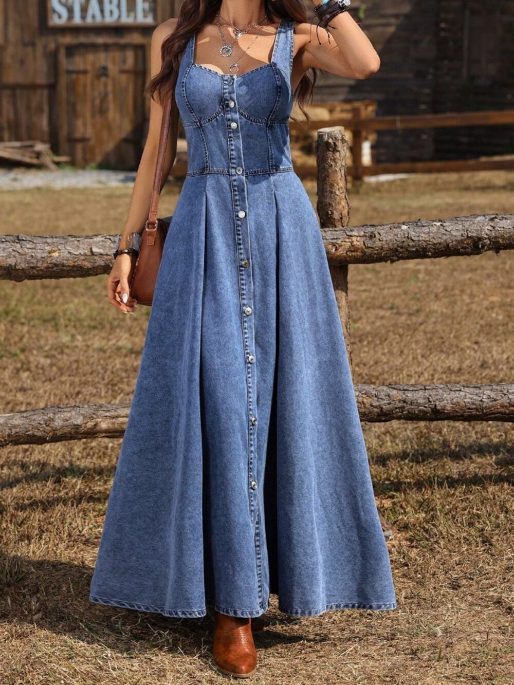 Blue Casual Women's Sweetheart Collar Single-Breasted Sleeveless Denim Dress - Picture 2 of 7